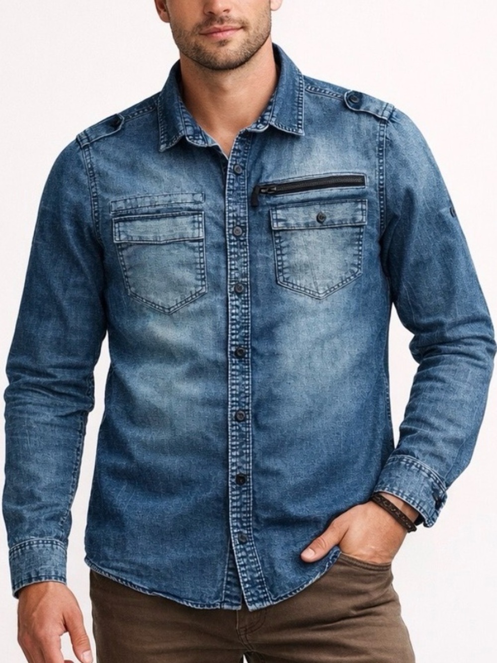 Rok Distressed Denim Chambray Long Sleeve Button Down Shirt Men’s Size M